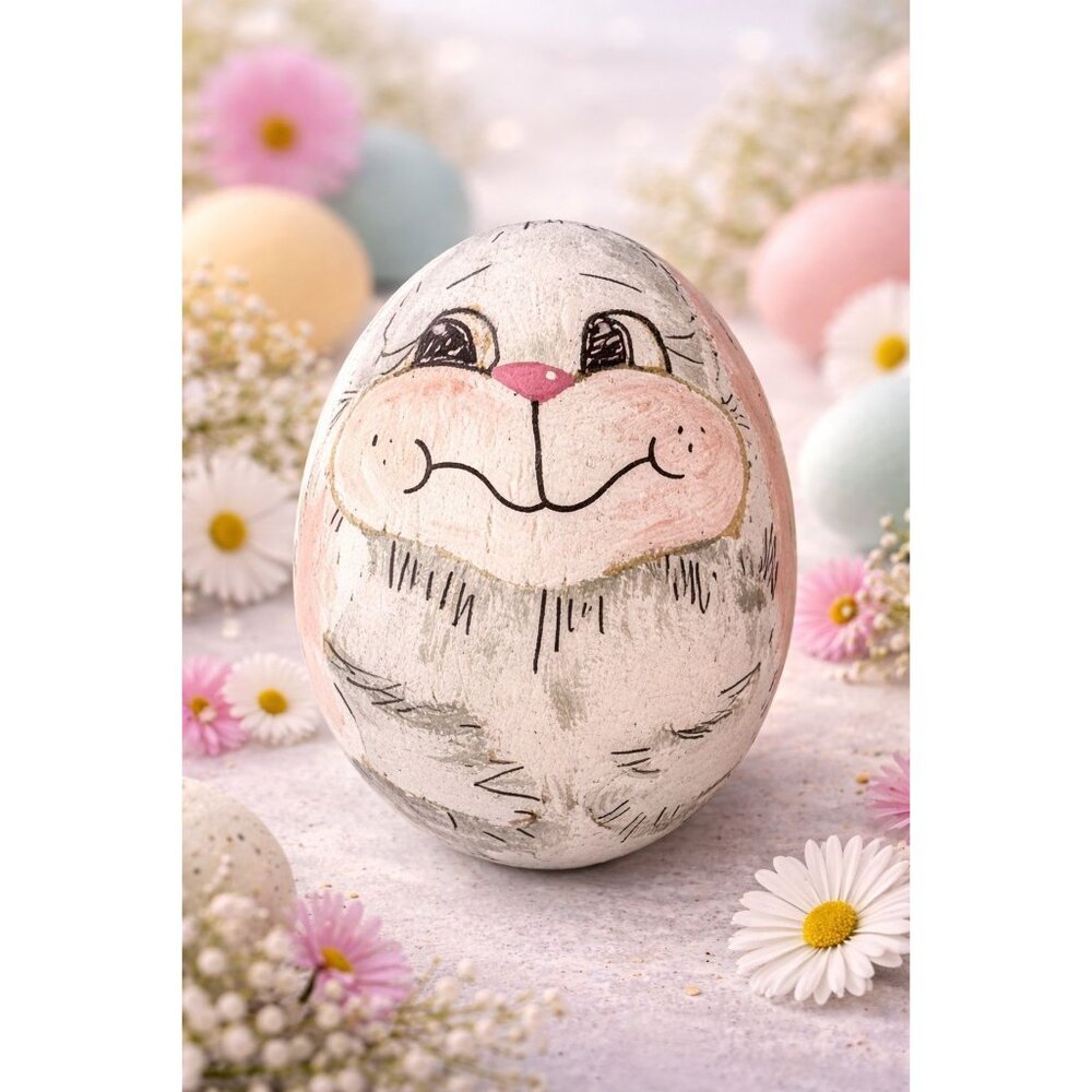 Hand Painted Eggshell Bunny Egg Signed Soff 1991 Easter Folk Art 3"